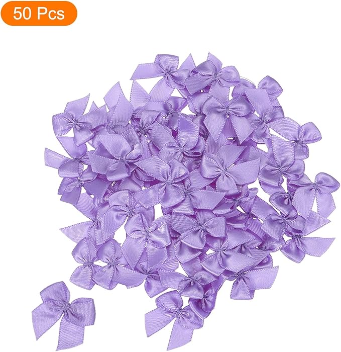MECCANIXITY 50 Pcs Mini Ribbon Bow 1" Mini Fabric Satin Ribbon Flower Bows for Craft DIY Sewing Wedding Birthday Party Gift Wrap Bows Dark Purple