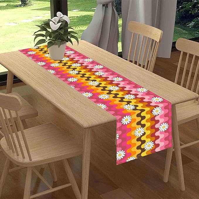 70s Table Runner, Retro Groovy Hippie Daisy Floral Pink Yellow Wave Funky Trippy Coffee Table Center Decor for Home Kitchen Dining Patio Holiday Party Indoor Outdoor Table Decorations, 13"x72" Inch