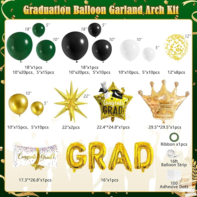 Graduation Balloon Arch Garland Kit Green Gold Black White Graduation Decorations 2026 for College High School Class of 2026 Grad Party Prom Decor