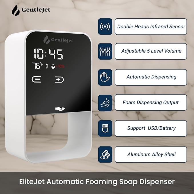 GentleJet EliteJet Automatic Foaming Soap Dispenser – Touchless Sensor, LED Display, 5 Foam Levels, Wall Mount or Countertop, Rechargable USB-C or Battery Powered, Aluminum Alloy, 480 ml Refillable