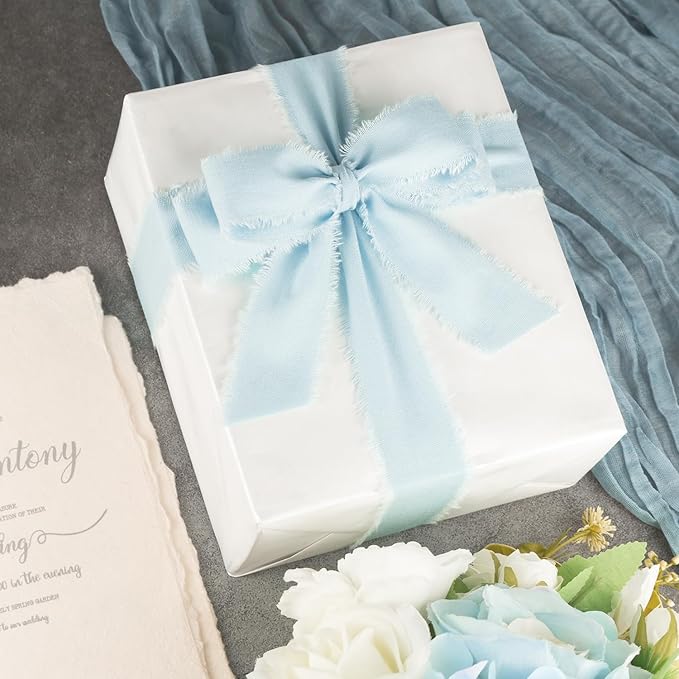 Baby Blue Cotton Ribbon 1-1/2 Inch Baby Blue 3 Rolls 21 Yards Frayed Edge Fabric Set for Baby Shower, Wedding Invitations, Nursery Decor, Christening & First Birthday Party