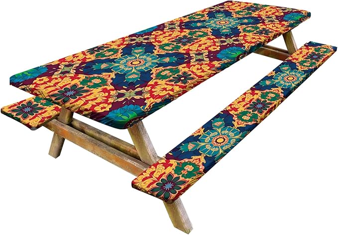 Ornate Geometric Picnic Table Cover with Bench Covers Set of 3-Multicolor Symmetrical Design,Elastic Fitted Tablecloth for 6 Ft Tables, Washable Polyester Cover for Camping, Indoor & Outdoor