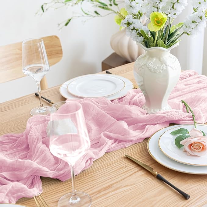 Asee'm 2pcs Cheesecloth Table Runner 120 Inches Blushing Pink Boho Gauze Cheese Cloth Runner 10FT Rustic Sheer Table Runners for Easter Spring Wedding Baby Shower Holiday Party Decoration