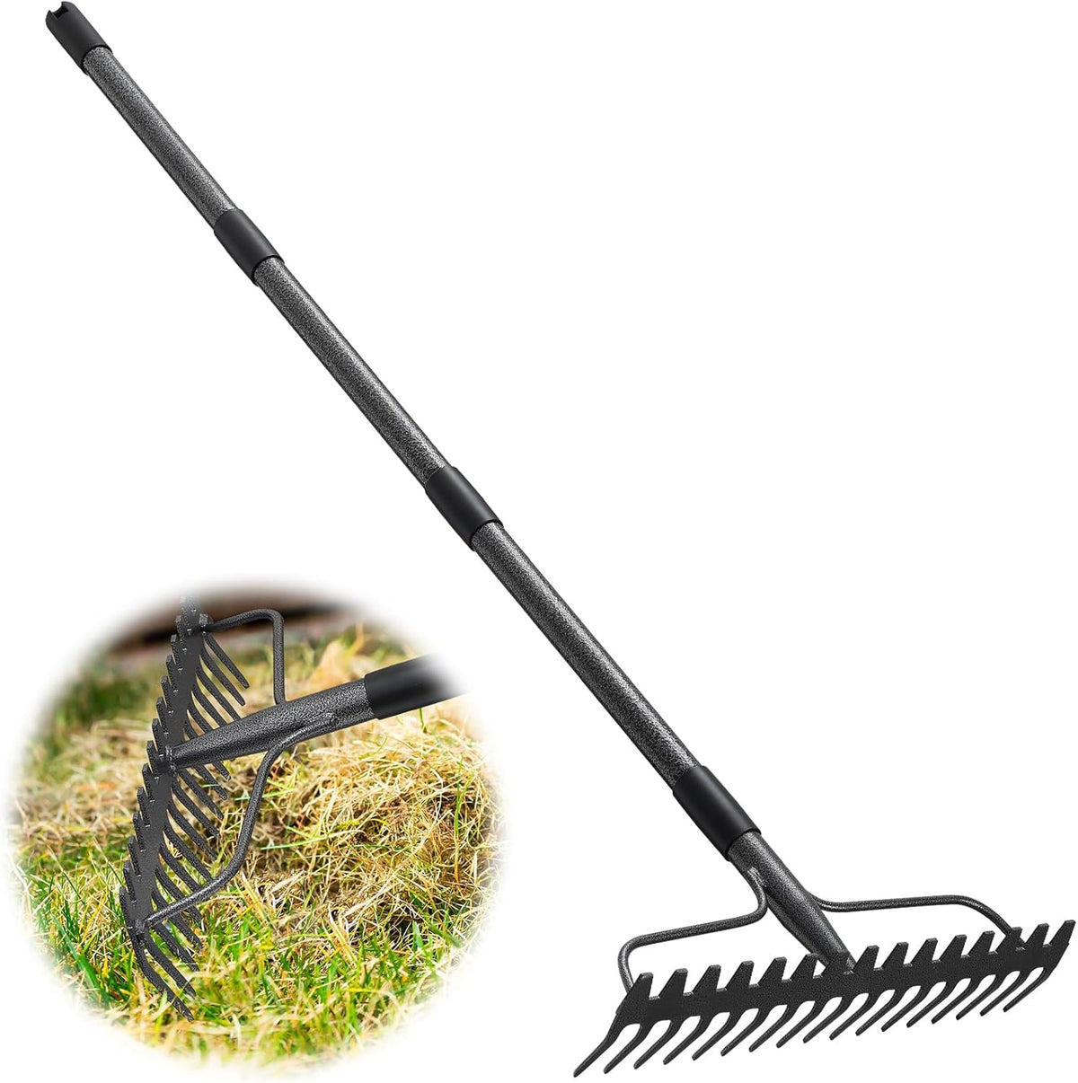Garden Leaf Rake with 77 Inch Handle, Heavy Duty 17 Inch Wide Metal Garden Lawn Rake for Loosening Soil Raking Leaf Leveling Rocks Spreading Mulch