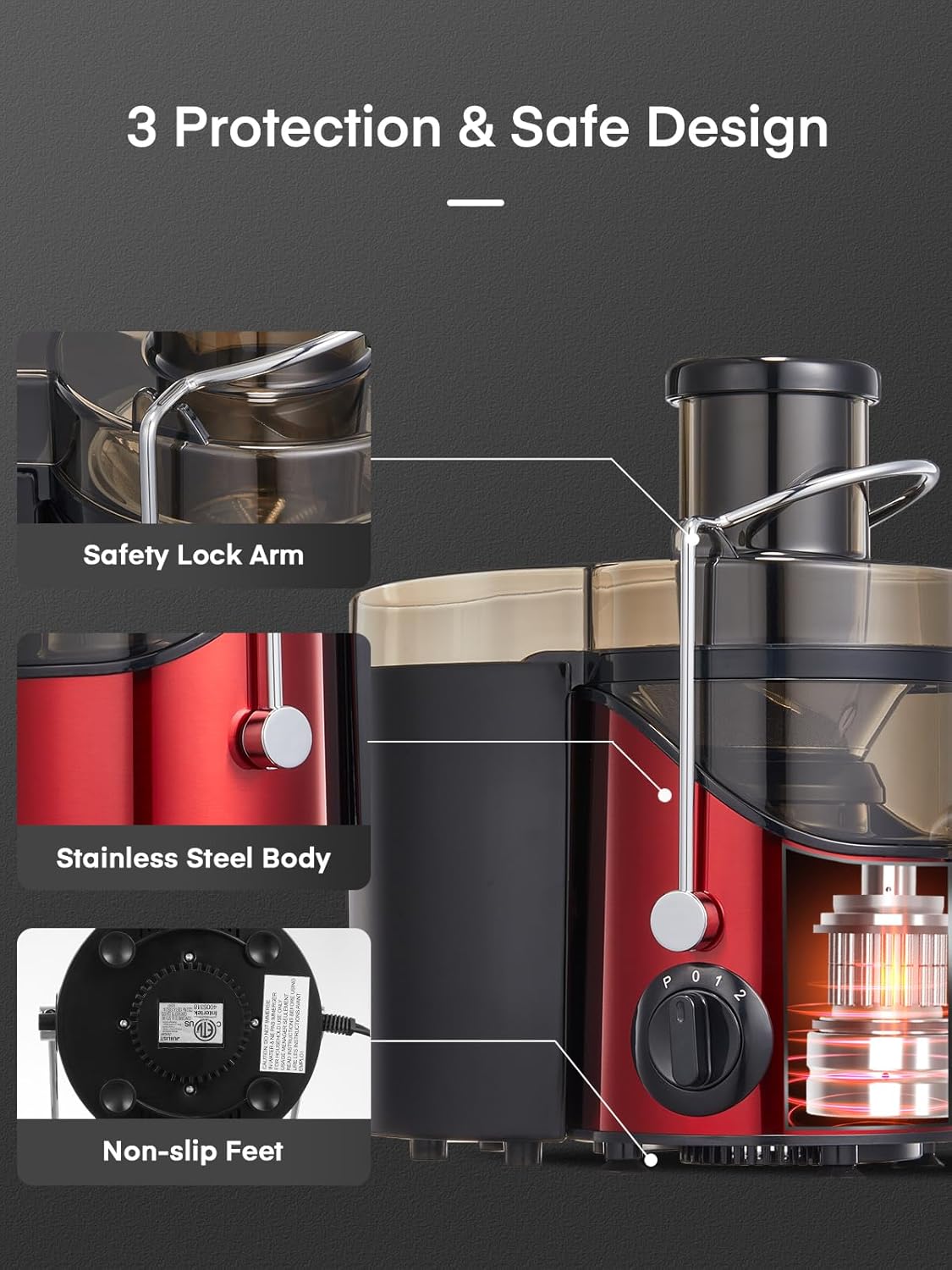 Juicer Machines, Juilist 3" Wide Mouth Juicer Extractor Max Power 800W, for Vegetable and Fruit with 3-Speed Setting, 400W Motor, Easy to Clean, Bright Red
