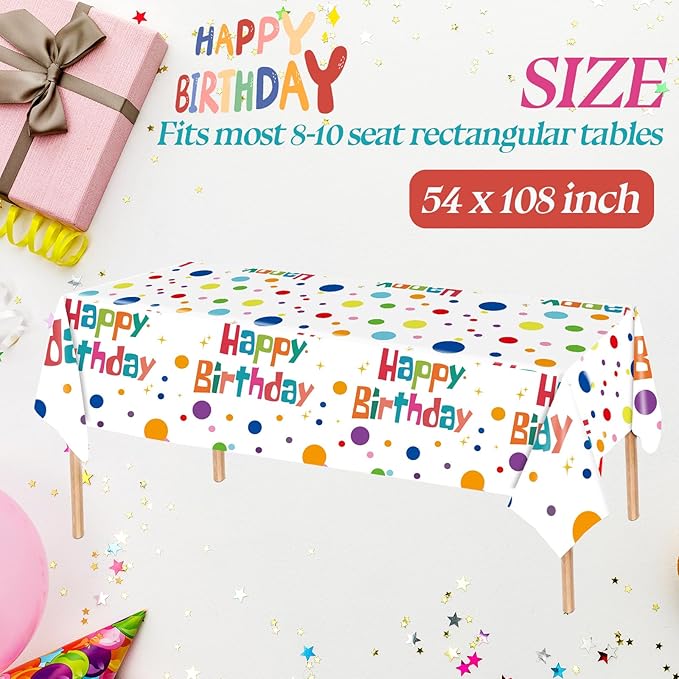 2 Pack Happy Birthday Tablecloth Party Decorations, 54X108inch Disposable Rectangle Colorful Polka Dots Table Cloths Waterproof Plastic Table Cover for Girls Boys Kids Birthday Supplies