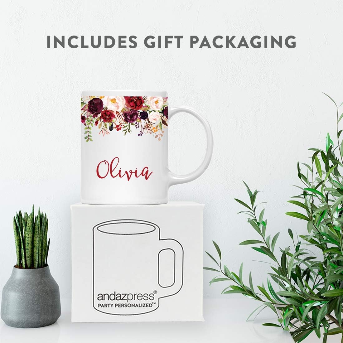 Andaz Press Personalized 11oz. Wedding Ceramic Coffee Tea Mug Bridesmaid Gift, Fall Autumn Marsala Burgundy Flowers Roses Florals, Olivia, 1-Pack