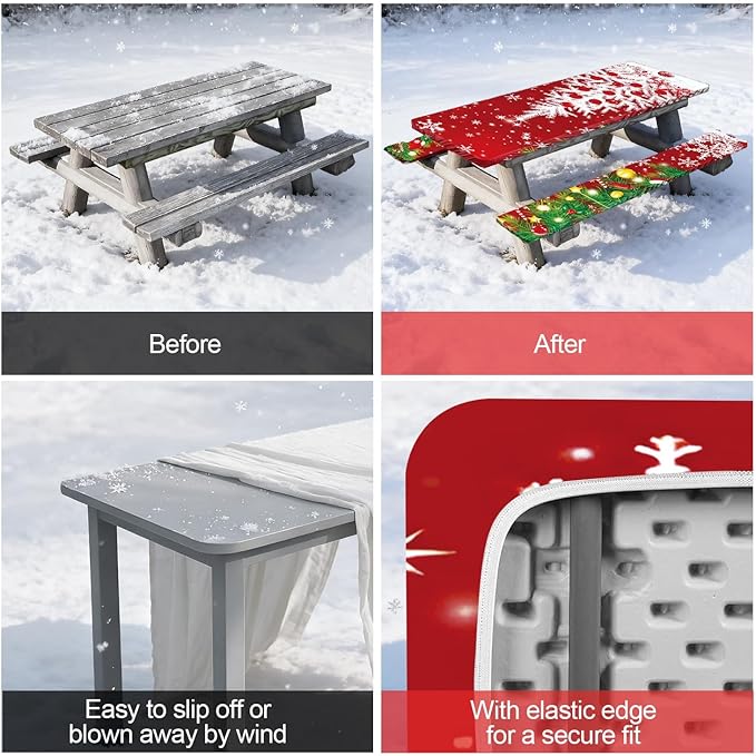 Picnic Table Cover with Bench Covers Set of 3, Elastic Fitted Tablecloth for 6 Foot Tables, Washable Polyester Tablecloths for Camping, Indoor & Outdoor