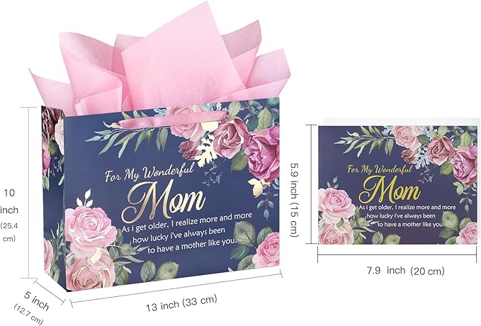 WRAPAHOLIC 13" Large Mom Birthday Gift Bag with Card and Tissue Paper - Elegant Floral and Gold Foil For My Wonderful Mom Lettering Design