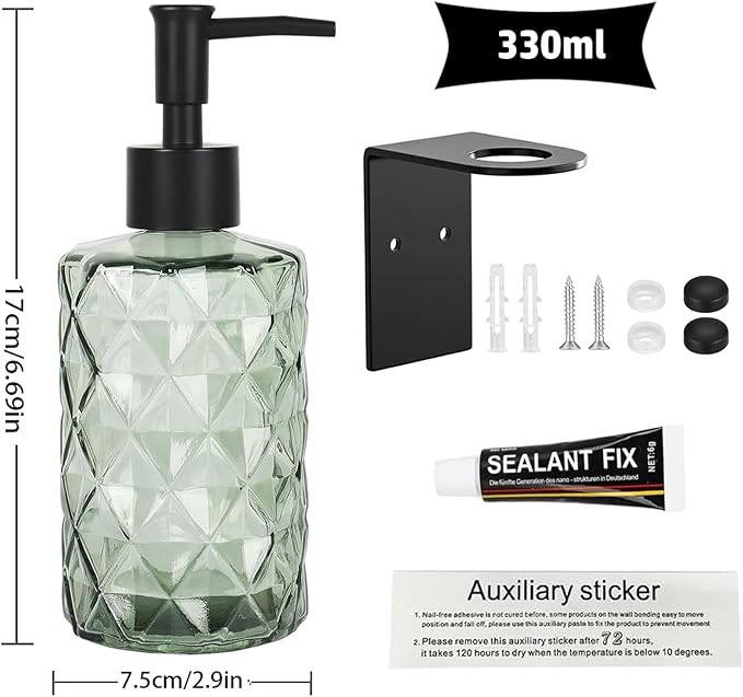 2 Pack Green Shampoo and Conditioner Dispenser for Wall Mount, 11oz Clear Glass Shower Soap Bottle for Bathroom, Modern 1 Chamber No Drill, Easy Refill Hand Body Wash Dispensers with Plastic Pump