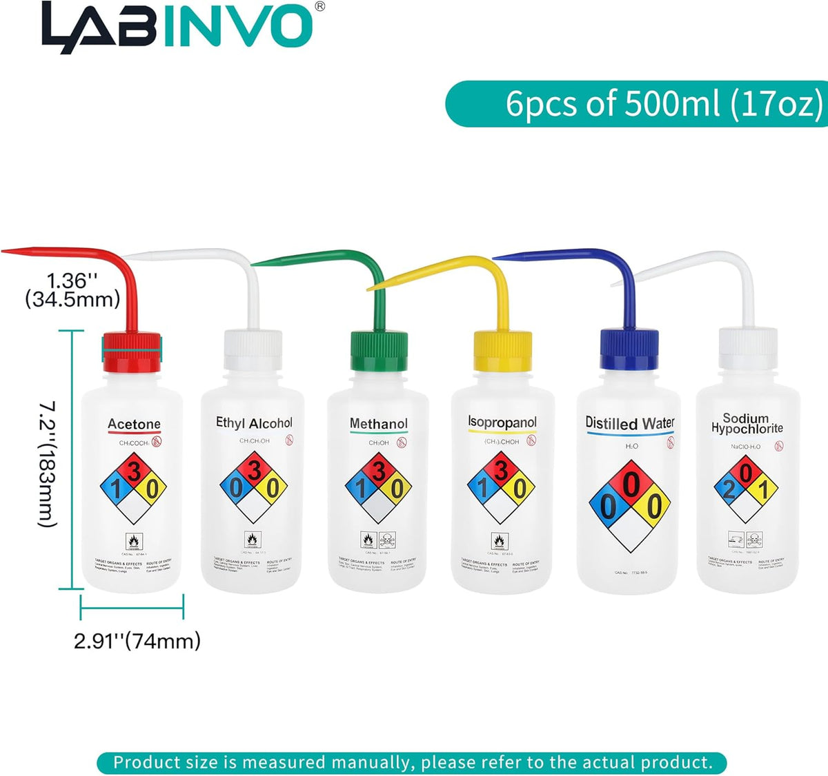 Safety Wash Bottles, Vol.500ml, 6PCS of Lab Rinse Squeeze Bottles, Printed Acetone, Ethyl Alcohol, Methanol, Isopropanol, Distilled Water, Sodium Hypochloride, LDPE Material, IN-WBS001