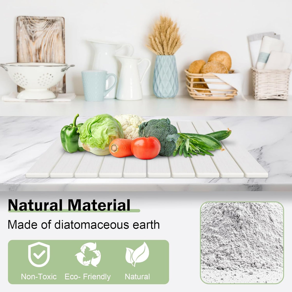 Stone Dish Drying Mat for Kitchen Counter,24"(L)×16"(W) Collapsible Fast-Drying Diatomaceous Earth Mats with Towel Sanding Tool