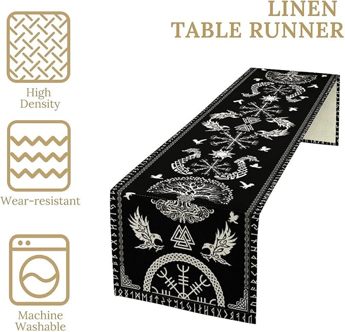 Viking Table Runner, Black Viking Tree of Life Raven Helmet of Awe Table Runner for Kitchen Dining Home Party 13x60in