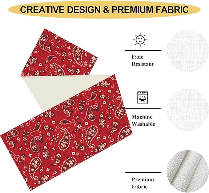 Red Paisley Table Runner, Rustic Damask Antique Floral Flower Retro Boho Swirled Pattern Vintage Coffee Table Center Decor for Family Kitchen and Living Room Outdoor Table Decorations, 13"x90"