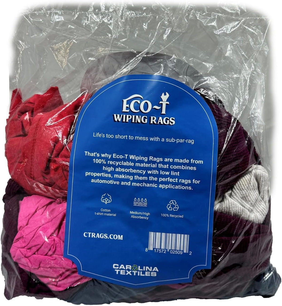 1 Lb Bag Eco-T Mechanic Shop Rags - Colored T-Shirt Material, 100% Recycled, Eco-Friendly, High Absorbency, Low Lint, Low-Cost, Industrial Use Wiping Cloth