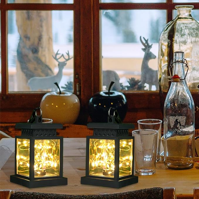 JHY DESIGN Set of 2 Black Solar Lanterns Outdoor Waterproof Solar Powered Table Lamp 5" H Hanging Lanterns with Warm LED Fairy String Lights for Patio Garden Landscape Decoration Yard Lawn（with Clamp）