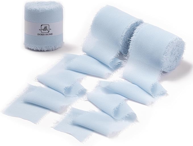 DORIS HOME Baby Blue Chiffon Ribbon for Flower Bouquet, 2" x21Yd Fabric Ribbon for Gift Wrapping, Handmade Frayed Ribbon for Wedding/Christmas Decorations