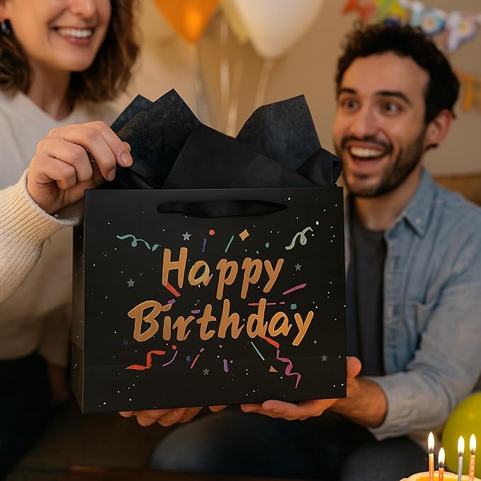 Febbleshow Black Birthday Gift Bags with Tissue Paper - Matte Finish with Gold Foil Lettering and Confetti Design - Birthday Party Gift Bag for Men Women Kids - 13"x10.3"x4.7" (Pack of 2)