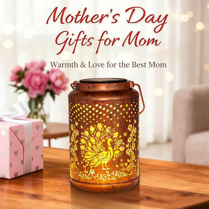 YISITEONE Peacock Outdoor Solar Lanterns, Garden Waterproof Metal Hanging Decor Lights for Patio Yard Pathway Lawn Front Porch, Birthday Gardening Gifts for Women Mom Grandma