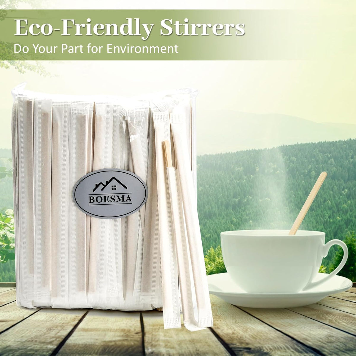 Bamboo Coffee Stirrers Individually Wrapped 500 Count, 7 inch Coffee Stir Sticks - For Hot Drinks and Cocktails, Smooth End