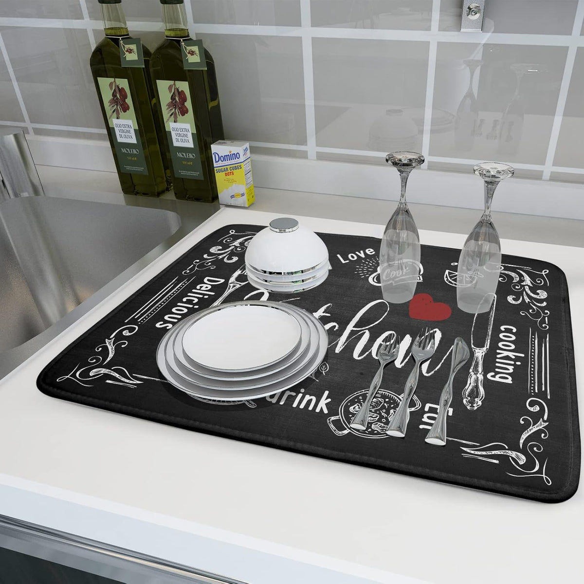 Black Coffee Bar Dish Drying Mats for Kitchen Counter 18x24 Inch, Kitchen Drying Mat