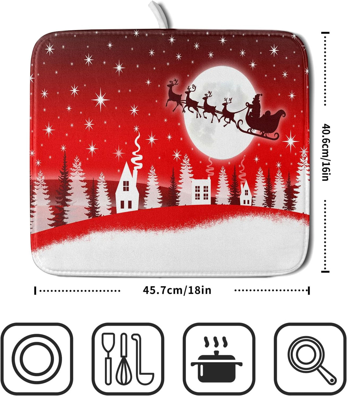 Christmas Reindeer Moon Star Red Dish Drying Mat for Kitchen Counter,White Xmas Tree Castle Drying Mat 16 x 18 Inch with Absorbent Reversible