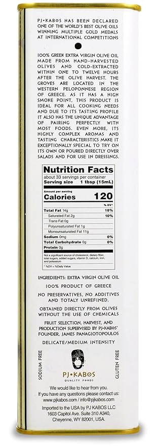 P.J. Kabos 2024/25 Harvest, High Phenolic (450+mg/kg), Premium Greek Extra Virgin Olive Oil, Kosher, Greece, Cold Extracted, 3 x 16.9 oz Tin