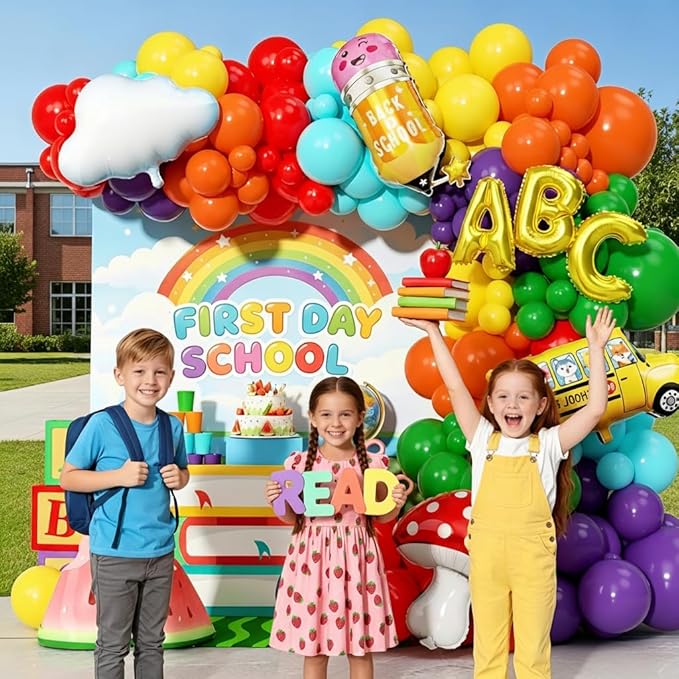 Rainbow Balloon Arch Garland Kit 173Pcs, Back to School Balloon with School Bus Pencil ABC Mushroom Cloud Foil Balloons for Watermelon Birthday Back to School Kindergarten Graduation Decor