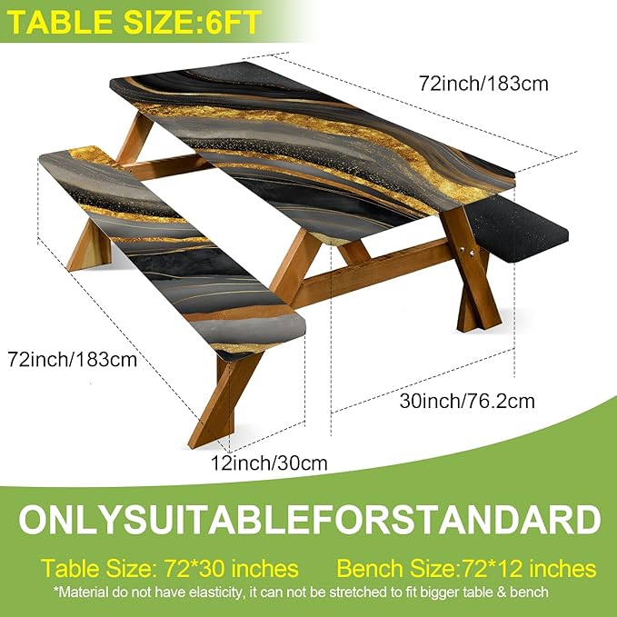 ANNA QUEEN 6FT Black Gold Picnic Table Cover with Bench Covers Picnic Table Cover Set 3PCS 72"x30", Waterproof Outdoor Bench and Tablecloth Furniture Protection for Camping Beach BBQ Patio Backyard