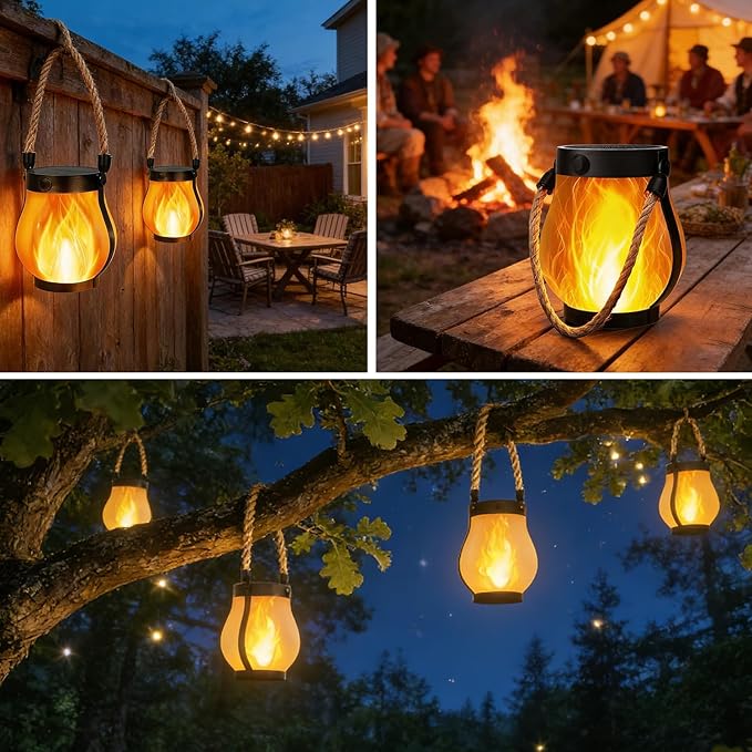 Solar Lanterns Outdoor Waterproof 2 Pack Hanging Solar Lantern with Flickering Flame, Solar Flame Lantern with USB Charging, Decorative Lanterns Lights for Yard Porch Camping Patio
