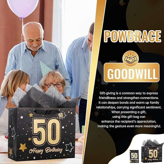 Powbrace 13" Black 50th Birthday Gift Bag with Tissue Paper and Greeting Card for Party,Happy Birthday Gift Bag for Men Women,Gift Bags Medium size(1 Black 50th)