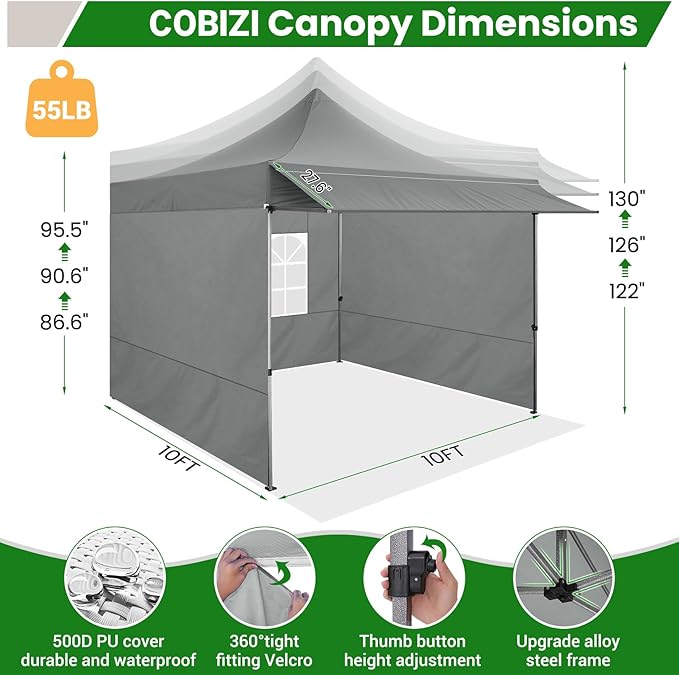 COBIZI 10x10 Pop Up Canopy Tent Heavy Duty with Sidewalls, Outdoor Commercial Canopy with Awning, Waterproof&23 SF Extended Awning, Vendor Tent for Market, Party Events, Grey