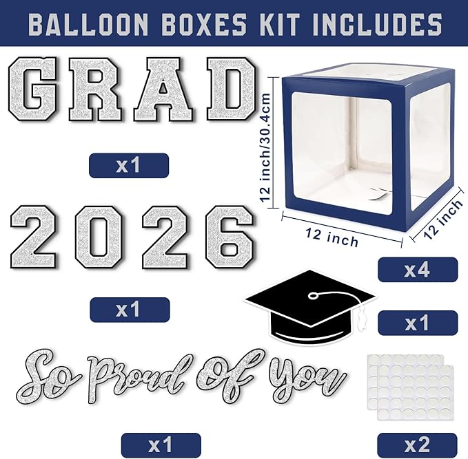 Navy Blue and Silver Graduation Decorations 2026 - Balloons Boxes with Letters 2026 GRAD So Proud of You, Congrats Grad Party Decorations for Any Grades