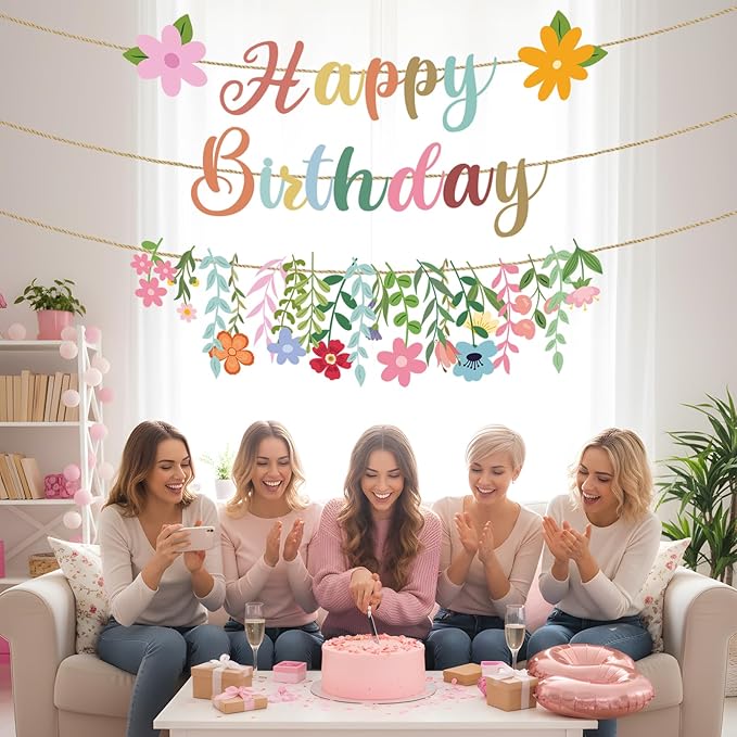 Flower Birthday Decorations, 3PCS Floral Birthday Party Banners Garland Decor No-DIY, Wildflowers Garden Themed Party Supplies Decor for Women