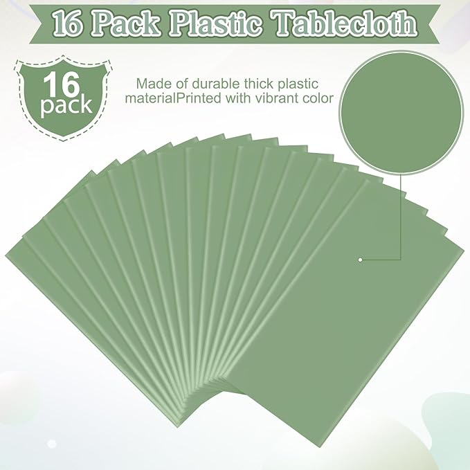 16 Pack Sage Green Plastic Tablecloth for Rectangle Tables, Premium Decorative Sage Disposable Table Cloths for Parties, Rectangle Party Table Cover for Birthday Wedding Baby Shower Party, 54x108 Inch
