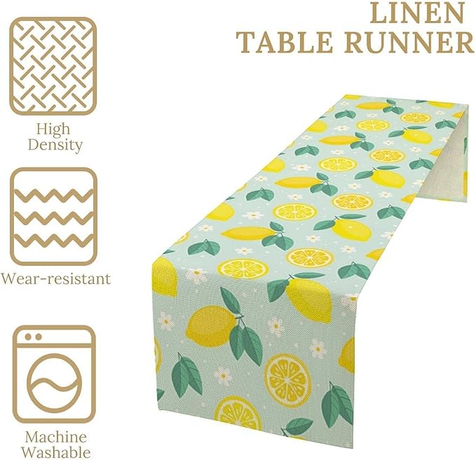 Spring Lemon Table Runner, Summer Seasonal Green Leaves Flowers Yellow Fruit Print Table Runner for Farmhouse Kitchen Dining Table Home Party Decor 13x108in