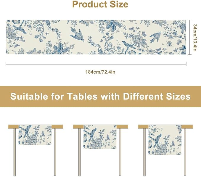 Spring Flower Table Runner, Farmhouse Vintage Blue White Floral Bird Print Table Runner for Kitchen Dining Table Party Wedding Decor, 13x90inch