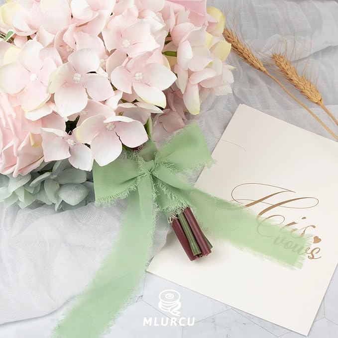 Sage Green Chiffon Ribbon 1-1/2 Inch x 21Yards Handmade Fringe Chiffon Silk Ribbon Boho Frayed Ribbon Sage Green Ribbon for Gift Wrapping, Wedding Invitation, Bridal Flower Bouquets