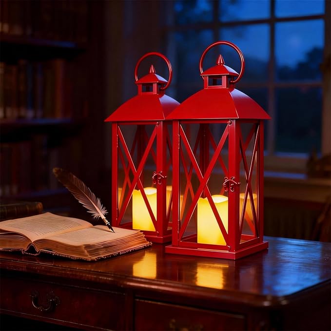 Decorative Lanterns Outdoor Candle Lantern 13.5" Waterproof Battery Powered LED Hanging Lanterns with Flameless Candle for Front Porch, Entrance, Indoor, 2 Pack