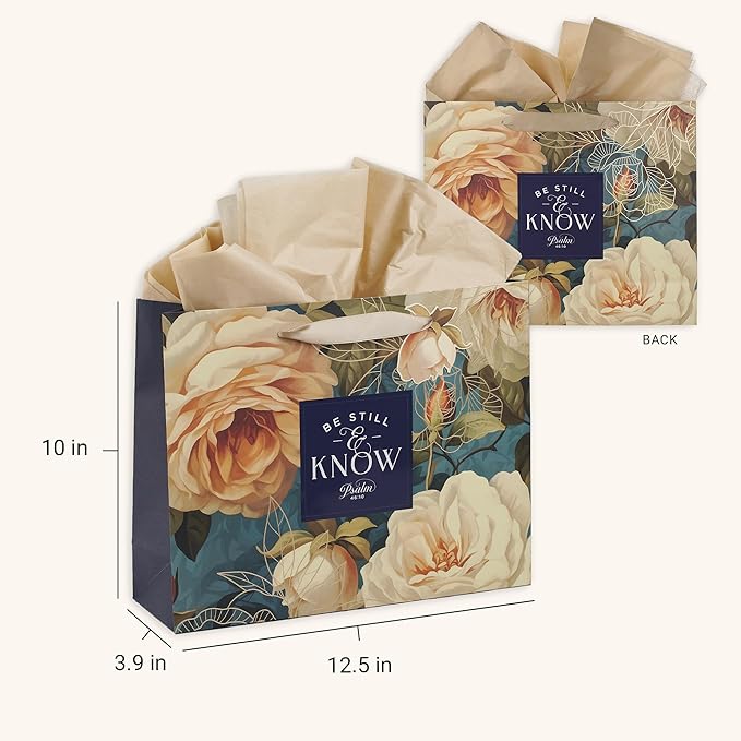 Christian Art Gifts Large Landscape Inspirational Scripture Gift Bag, Tag & Wrapping Tissue Paper Set for Women: Be Still Psalm Encouraging Bible Verse, Satin Ribbon Handles, Multicolor Rose Floral