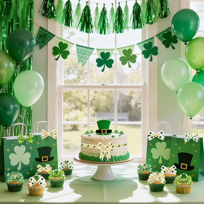 6 Roll Saint Patrick's Decor Ribbons, 3/8 Inch x 30 Yard Green Hat Clover Grosgrain Ribbon, Coin St. Patrick's Day Craft Ribbon for Gifts Wrapping Wreath DIY Bows Making Party Decoration