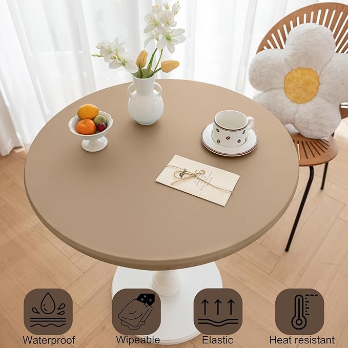 Round Fitted PU Tablecloth with High Elastic Edge 28 Inch Dia Waterproof Oil Proof Table Cloth Anti-scald Stain-Resistant Wipeable Table Cover for Indoor Outdoor Picnic (Cream Coffee,28"Dia)