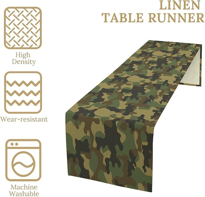Camo Table Runner, Military Camouflage Coast Guard Force Soldier Hunting Themed Table Runner for Holiday Birthday Party Home Kitchen 13x70in