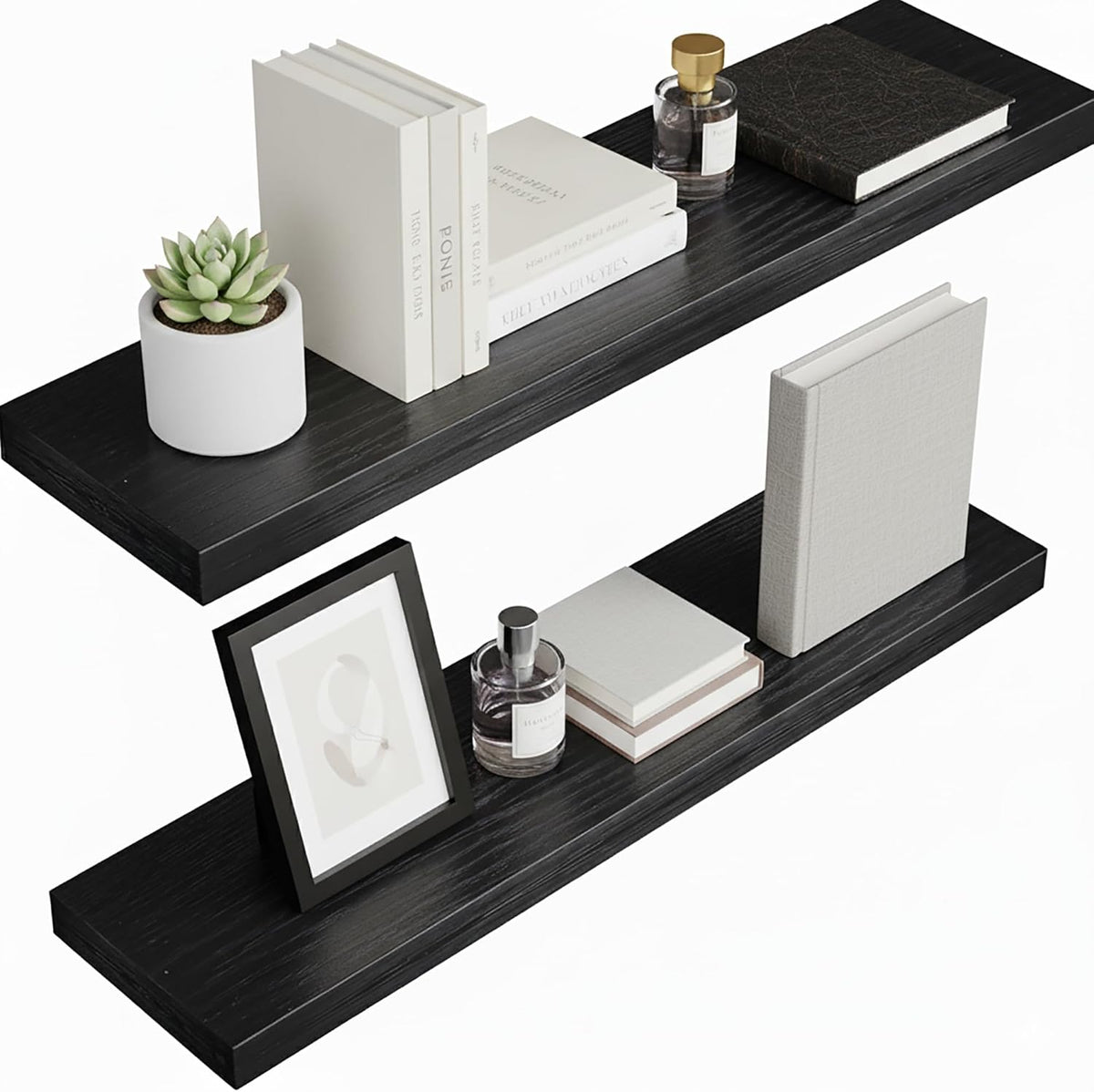 Lufia Floating Wall Shelves, Set of 2, MDF with Invisible Brackets, Modern Storage for Bedroom, Bathroom, Living Room, Kitchen (Black
