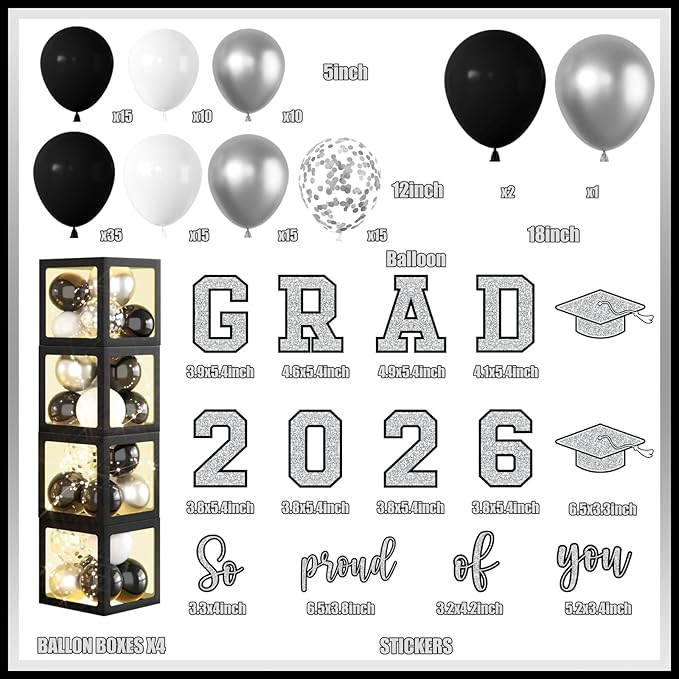 Graduation Decorations Class of 2026,Black and Silver Graduation Decorations 2026,Grad Boxes with Letters 2026 So Proud of You & Grad 2026 for College Graduation Party Supplies