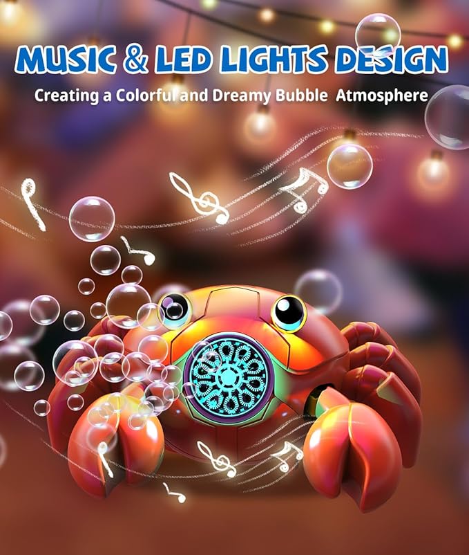 Bubble Machine - 360° Crawling Crab, Auto Obstacle Avoidance, USB-C Rechargeable, LED & Music - Tummy Time Toys for Infant, Toddlers, Kids, Boys, Girls - Gifts for Easter, Outdoor, Birthday, Parties