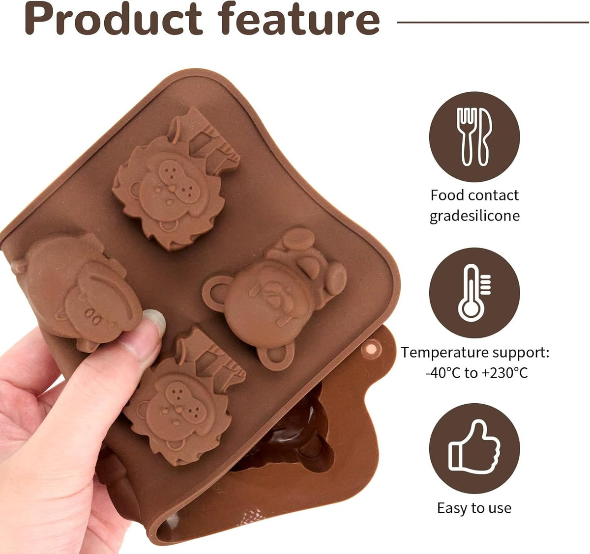 3 Pcs Non-Stick Brown Animal Themed Chocolate and Fondant Silicone Baking Molds with Wax Melt Function