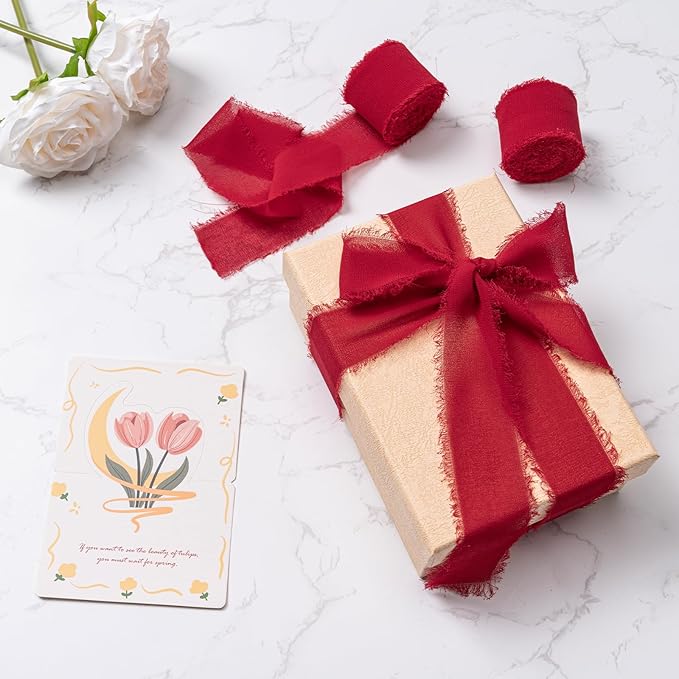 Husfunov Red Handmade Chiffon Ribbon,1.5Inch x 3 Rolls Total 24 Yards Red Fringe Chiffon Silk Ribbon,for Wrapping Wedding Invitations,Bridal Bouquets,DIY Crafts,Home Decor and More