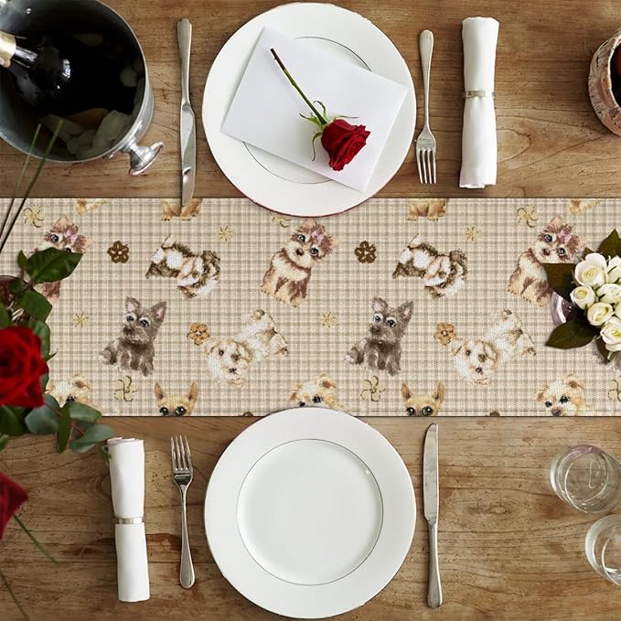 Cute Puppy Table Runner Kitchen Dining Table Runner 13*60in Table Center Decor for Indoor Outdoor Home Holiday Party