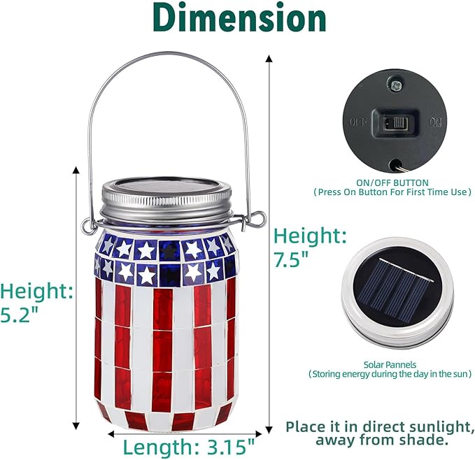 VOREEN Solar Powered Mosaic Mason Jar Lights, Colorful Stained Glass Lanterns for Outdoor Garden Decor, 2 Pack ,National Flag